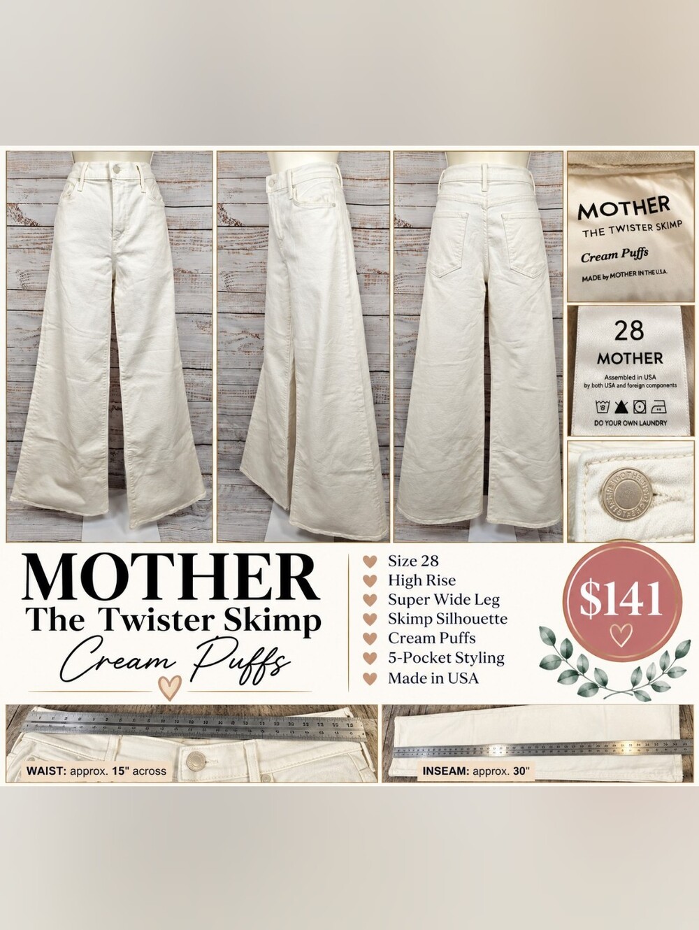 MOTHER The Twister Skimp High Rise Super Wide Leg Jeans Size 28 Cream Puffs